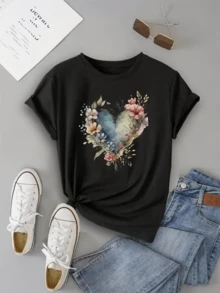 A Blue Heart Surrounded By Colorful Flowers Symbolizing Love, Serenity, And Hope, With Natural Details That Evoke Harmony And Beauty. A Modern And Comfortable Casual Women's T-Shirt. - 黑色 - 查看 8