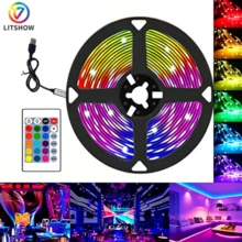 LITSHOW Tira de luz LED RGB de 32.8 pies con control remoto de 24 teclas, alimentada por USB de 5V, con respaldo adhesivo para una instalación fácil, adecuada para computadora, TV, gabinete, etc. - RGB - Ver 1