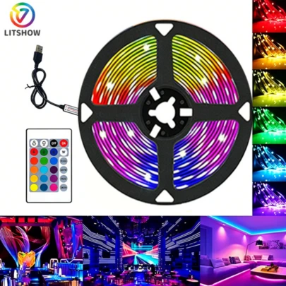 这款RGB LED灯带长32.8英尺（约10米），配有24键遥控器，采用5V USB供电。灯带背面带有粘胶，方便安装，适用于电脑、电视、橱柜等表面。