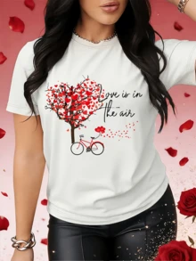 A Tree Made Of Small Red Hearts Expressing Love And Freedom, Alongside A Bicycle Symbolizing The Journey Of Feelings And The Romantic Connection Between Nature And Passion. A Modern And Comfortable Women's T-Shirt For Everyday Wear. - 白色 - 查看 6
