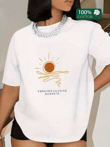 Radiant Sun On Curved Lines Symbolizing The Energy Of Sunset And The Constant Search For New Hope And Freedom. Women's Casual T-Shirt With Inspirational Print For Stylish And Comfortable Everyday Wear. - 白色 - 查看 1