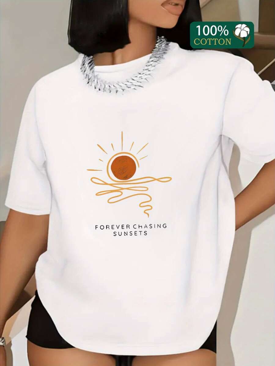 Radiant Sun On Curved Lines Symbolizing The Energy Of Sunset And The Constant Search For New Hope And Freedom. Women's Casual T-Shirt With Inspirational Print For Stylish And Comfortable Everyday Wear. - 白色 - 查看 1
