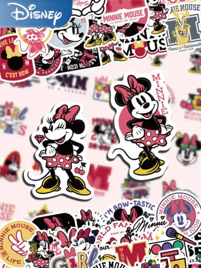 Disney 50张迪士尼米妮老鼠贴纸，可爱卡通动画主题贴纸，创意手绘涂鸦贴纸，适用于手机、冰箱、水瓶、吉他、滑板，手工装饰，生日派对礼物，奖励