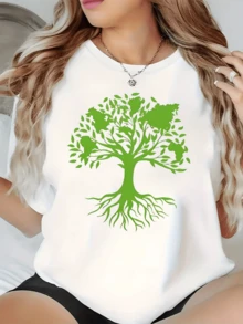 Green Tree With Deep Roots Symbolizing Growth, Strength And Connection With Nature. Comfortable, Modern Women's T-Shirt Perfect For Everyday Wear And Casual Occasions. - White - View 1