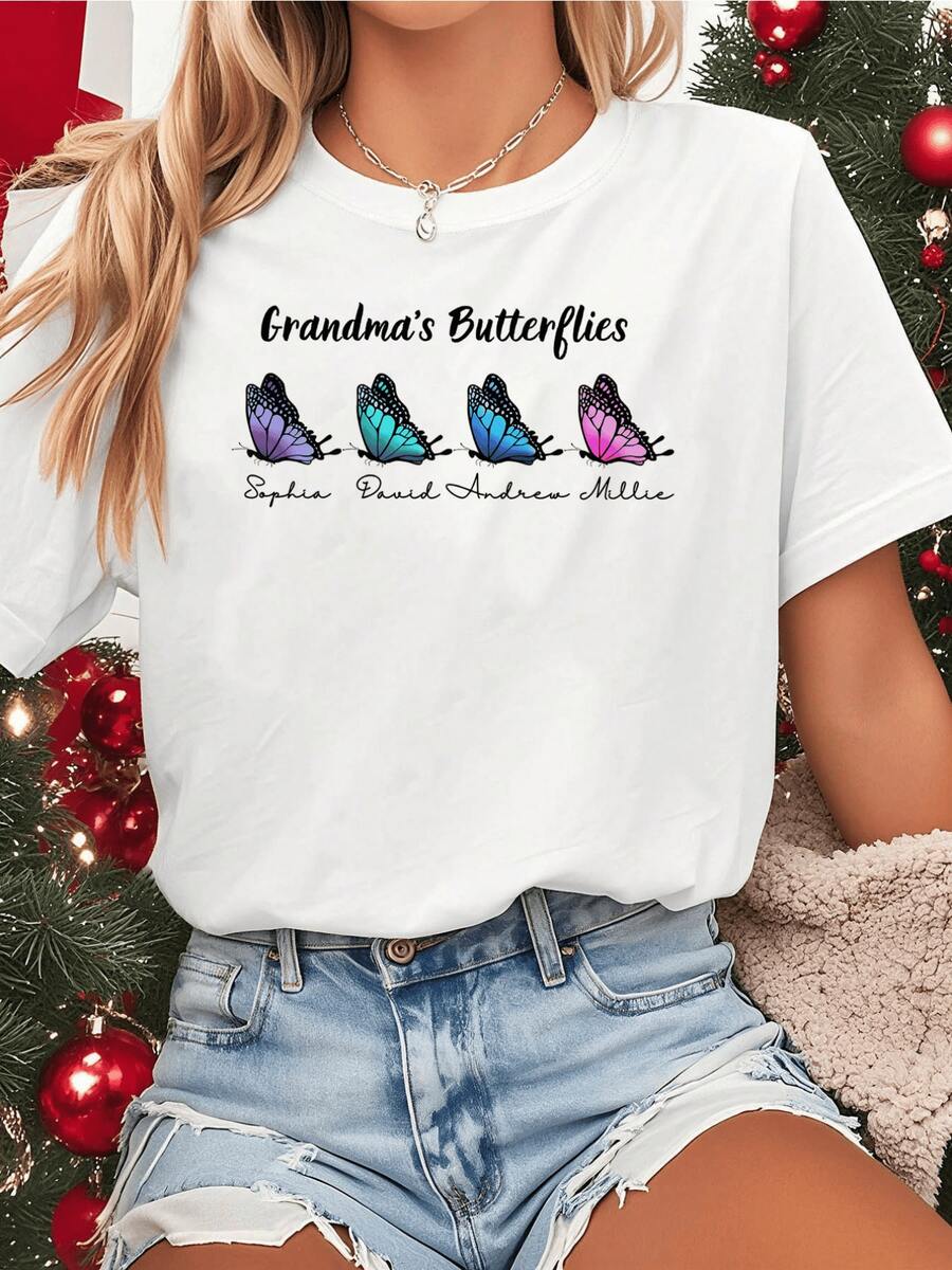 Four Colorful Butterflies Representing Family Love, Hope, Growth, And The Sweetness Of Shared Memories. Women's Casual White T-Shirt With A Loving Message. - 白色 - 查看 1
