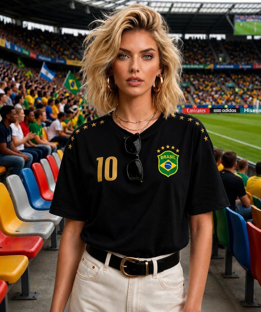 Women's Printed T-Shirt Latina 100% Premium Cotton Brazilian Do It Better Brazilian Culture Brazil Hexa World Cup Football - 黑色 - 查看 1