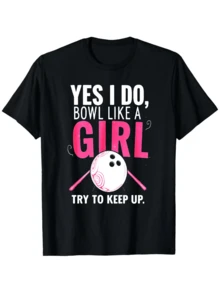 Frase motivadora que celebra la fuerza y confianza femenina con una pelota de bolos rosa y texto que inspira superación personal divertida camiseta de mujer casual divertida para amantes del bowling - Negro - Ver 1