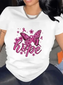Pink Butterfly Surrounded By Flowers Symbolizing Hope And The Courageous Fight To Overcome Challenges. Comfortable Women's T-Shirt With Inspirational Print For Everyday Wear. - 白色 - 查看 1