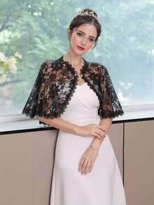 1 Peça Xale de Casamento Feminino, Xale Nupcial Bordado em Renda Vazada Champanhe/Preto/Branco, Xale de Verão para Madrinhas, Noivas, Casamento, Festa, Apresentação, Cosplay, Decoração de Feriado, Sessão de Fotos, Desfile, Estilo Europeu e Americano Manga Longa Fina Xale de Tule Simples, Sexy e Transparente da Noiva com Enfeites de Pérolas Falsas e Strass - Multicolorido - Visão 12