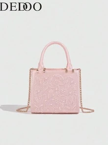 Dedoo Beige Mini Handbag With Embroidery Details And Faux Pearl Decor, Features Top Handle And Detachable Chain Shoulder Strap, Magnetic Snap Closure, Sweet Style Suitable For Shopping Or Formal Occasions. An Excellent Gift For Women. - Pink - View 6