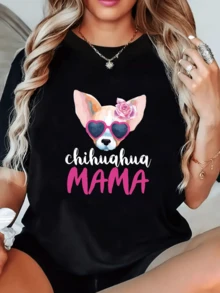 Chihuahua Dog With Heart-Shaped Glasses And A Pink Rose Symbolizing Tenderness, Love And Cheerful Style. Women's Casual Modern Comfortable T-Shirt For Everyday Wear - 黑色 - 查看 1
