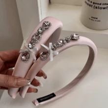 2/1件裝亮面幾何圖案蝴蝶結法庭風優雅高端重工水鑽粉色緞面海綿蝴蝶結水晶粉鑽百搭髮飾浪漫甜美女孩貴氣髮箍 聚酯纖維 - 粉色 - 查看 4