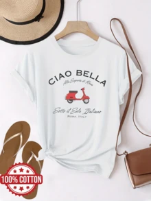Classic Red Motorcycle Under The Roman Sun With An Italian Phrase Evoking Travel And Mediterranean Charm, Reflecting Feminine Beauty And Freedom; Comfortable Casual Women's T-Shirt For Summer - 白色 - 查看 6