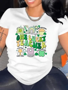 Symbols Of Good Fortune Surrounding Four-Leaf Clovers, Rainbows, And Amulets That Transmit Luck And Positive Energy-Ideal For Optimistic Teachers With A Cheerful Spirit. Modern Casual Women's T-Shirt - 白色 - 查看 1