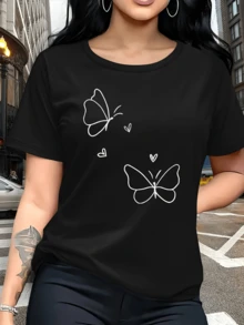 Two Butterflies Flying Among Small Hearts Symbolize Freedom, Love, Tenderness, And Inner Transformation. A Modern, Casual Women's T-Shirt For Everyday Wear, Comfortable And With An Artistic Touch. - 黑色 - 查看 6