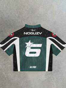 Camiseta de manga corta con cuello en V para hombre con elemento de letra y coche de carreras del 2025, versátil para primavera/verano - Multicolor - Ver 2