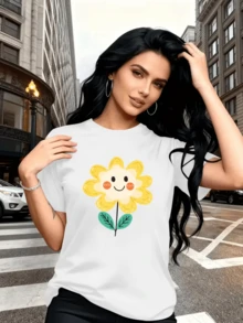 Yellow Flower With A Smiling Face Symbolizing Joy And Optimism, Representing Positive Energy And Natural Beauty, Ideal For Conveying Daily Happiness. Comfortable Casual Women's T-Shirt For Urban Wear. - 白色 - 查看 1