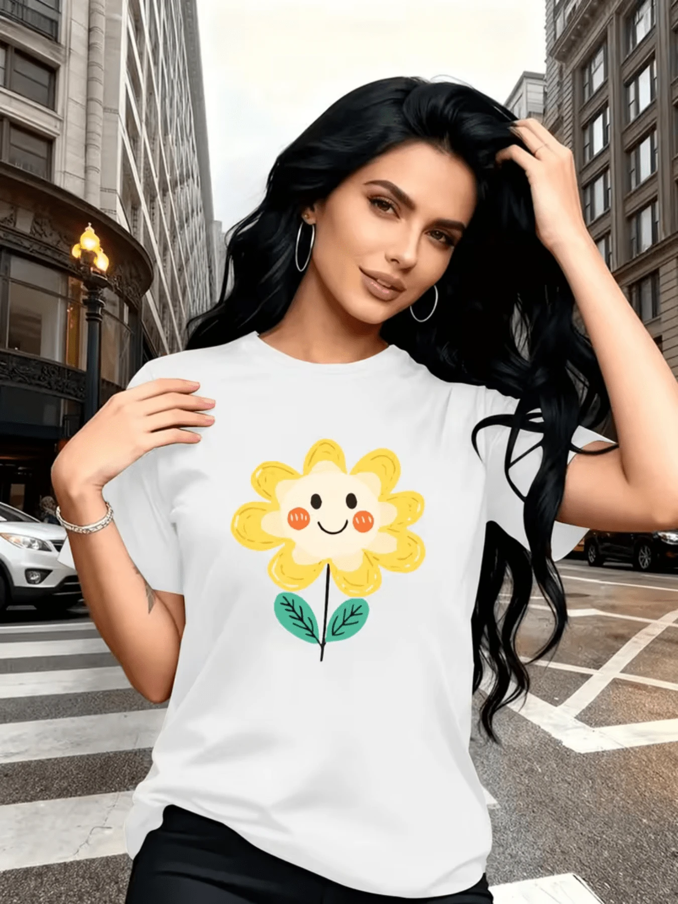 Yellow Flower With A Smiling Face Symbolizing Joy And Optimism, Representing Positive Energy And Natural Beauty, Ideal For Conveying Daily Happiness. Comfortable Casual Women's T-Shirt For Urban Wear. - 白色 - 查看 1