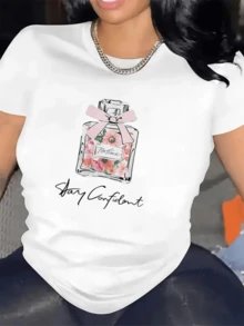 Perfume Bottle With Pink Ribbon And Flowers Symbolizing Femininity, Serenity And Confidence With The Inspirational Phrase "Stay Confident"; Women's Casual, Modern, Comfortable T-Shirt For Everyday Wear - 白色 - 查看 1