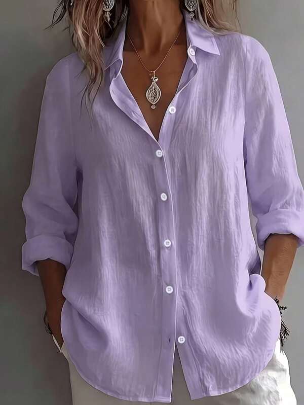 Women's Elegant High Neck Long Sleeve Button-Up Shirt, Woven Fabric, Suitable For Autumn Wear