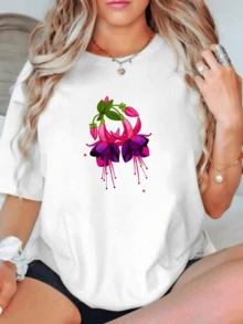Flores fucsias entrelazadas que simbolizan energía vital y conexión femenina con pétalos vibrantes y tallos verdes transmitiendo alegría y confianza camiseta de mujer casual moderna confortable - Blanco - Ver 1