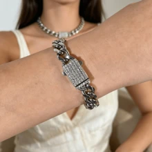 1 chiếc vòng tay thời trang nam, kiểu dáng hip hop, đính đá Cubic Zirconia, dạng mắt xích Cuban, thích hợp để đeo hàng ngày. - Bạc - Xem 5