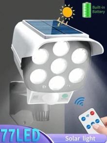 1/2件戶外太陽能燈，3000流明，77LED安全照明夜燈，模擬監控攝影機設計，附感應器，內置800/1200/2400mAh太陽能供電，附遙控器，戶外緊急燈，露營燈，花園裝飾安全太陽能燈－遙控器適用於兩種型號，非常適合庭院、車庫、花園、入口、後院，返校/萬聖節/聖誕節/感恩節節日照明與禮物 - 白色 - 查看 3
