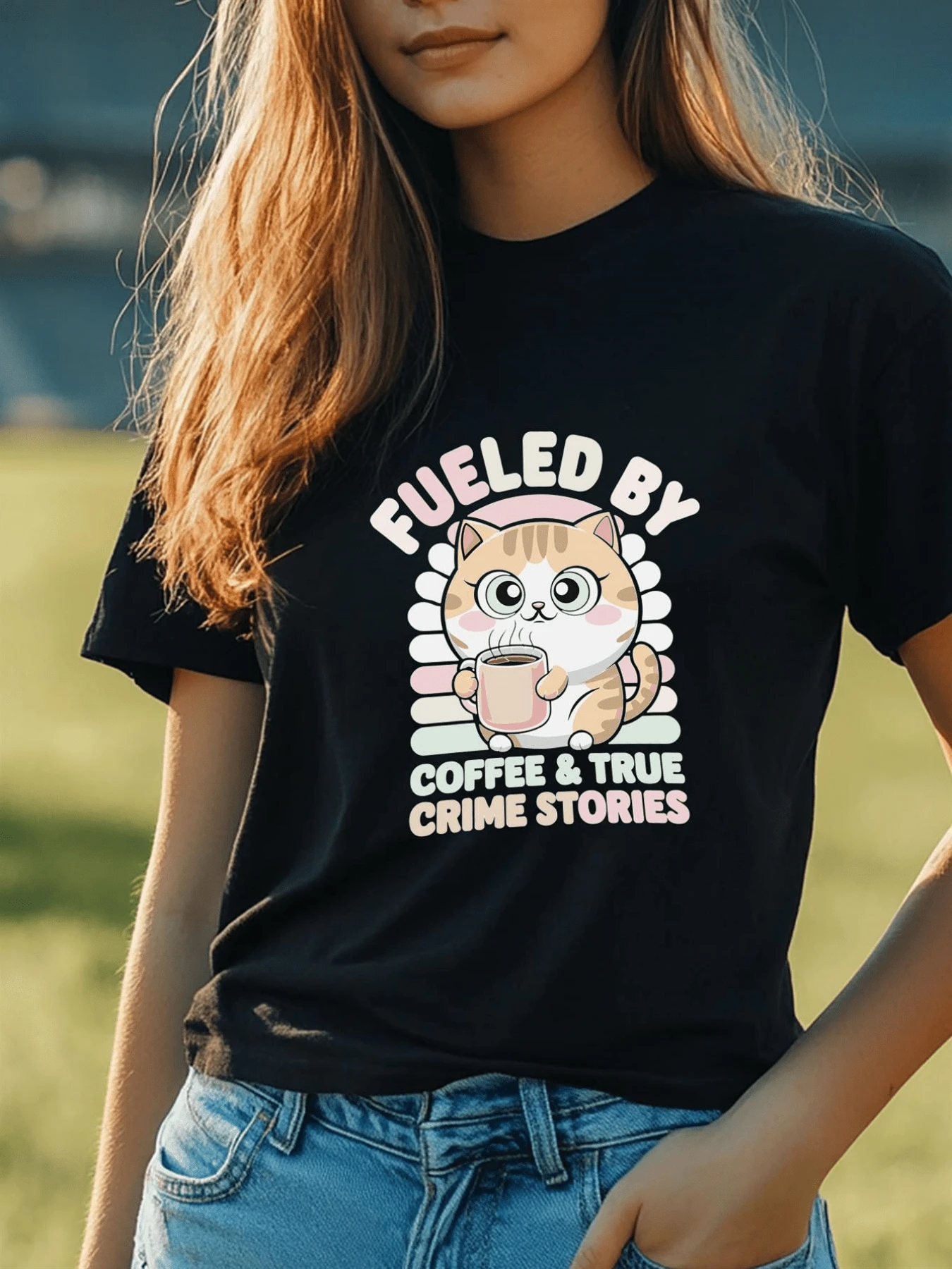 Cute Cat Holding A Coffee Cup With A Curious Expression Symbolizes The Energy And Passion For Intriguing Stories That Accompany Moments Of Rest. Casual, Comfortable, And Fun Women's T-Shirt For Coffee And Mystery Lovers. - 黑色 - 查看 1