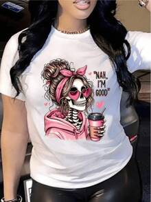Female Skull With Heart-Shaped Glasses And Pink Scarf Holding A Drink, Displaying A Relaxed Style And Positive Attitude. Comfortable, Modern Casual Women's T-Shirt For Everyday Wear. - 白色 - 查看 1