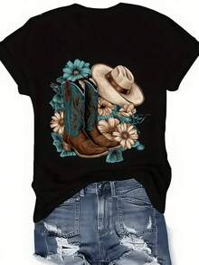 Brown Cowboy Boots Paired With A Leather Hat Surrounded By Turquoise And Beige Flowers Symbolize Freedom And A Peaceful Rural Life; A Comfortable And Modern Casual Women's T-Shirt - 黑色 - 查看 8