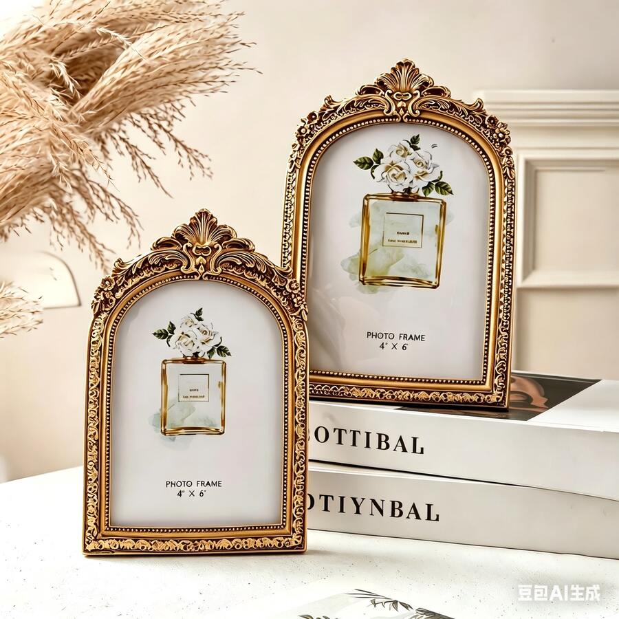 2PCS Vintage Picture Frames 4x6 Gold Frame, Gold Ornate Resin Photo Frame With Glass Front For Tabletop And Wall Mounting, Antique Arched Picture Frame For Home Decor - 2pcs - View 1
