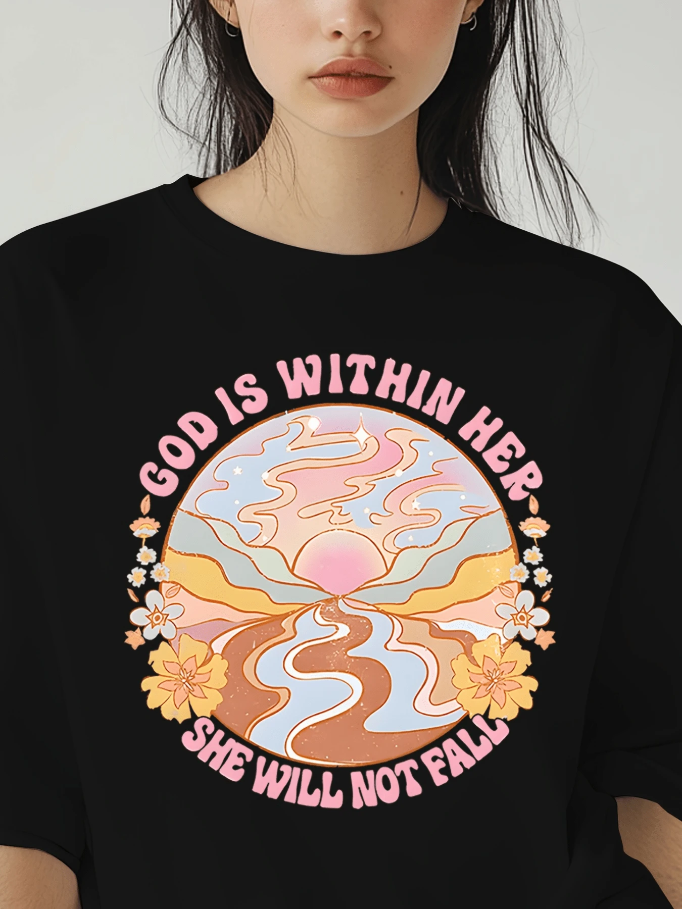 Sunset With Luminous Paths And Flowers Symbolizing Inner Strength, Hope, Faith, And Positive Energy To Overcome Challenges. Casual, Comfortable, And Modern Women's T-Shirt. - 黑色 - 查看 1