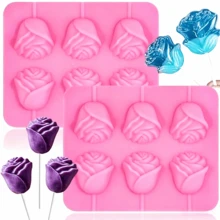 2 件装玫瑰棒棒糖模具 6 孔玫瑰花形硅胶模具 3D 花朵心形模具 生日派对糖果巧克力制作 DIY 工具 - 彩色 - 查看 7