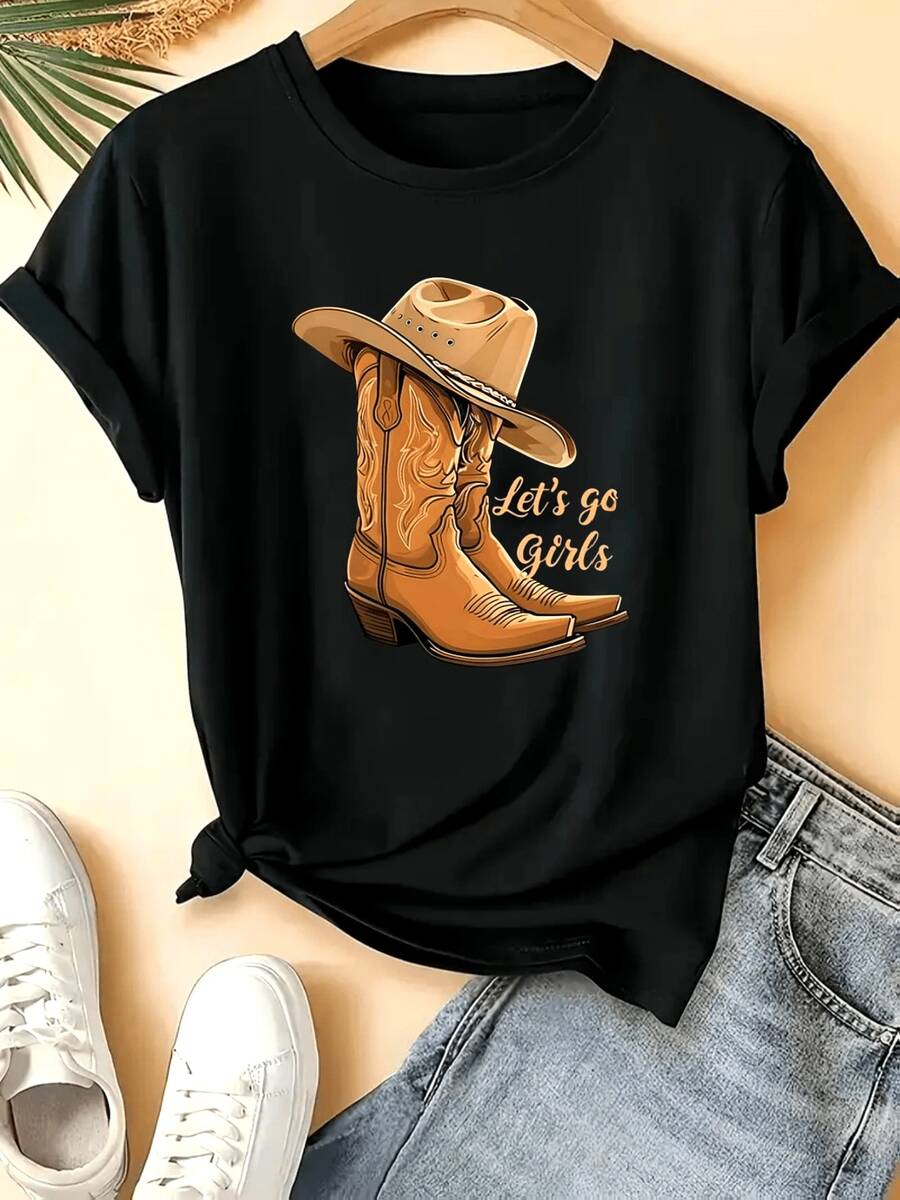 Women's Casual Sports T-Shirt, Black Crew Neck With Colorful Graphic Of Boots And Cowboy Hat - Elastic T-Shirt, Machine Washable, Comfortable Fit And Perfect For All Seasons. - 黑色 - 查看 1