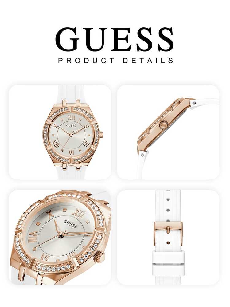 Light Luxury Rose Gold Diamond Inlaid Women's Quartz Watch, White Silicone Strap, Roman Numeral White Dial, 36mm Case Diameter, 30m Water Resistant, Fresh And Gentle Style Versatile Watch, Suitable For Workplace, Commuting, Dating, Casual, Birthday, Valentine's Day, Mother's Day Gift For Girlfriend, Best Friend, Light Luxury Gift Guess GW0034L2 - White - View 6