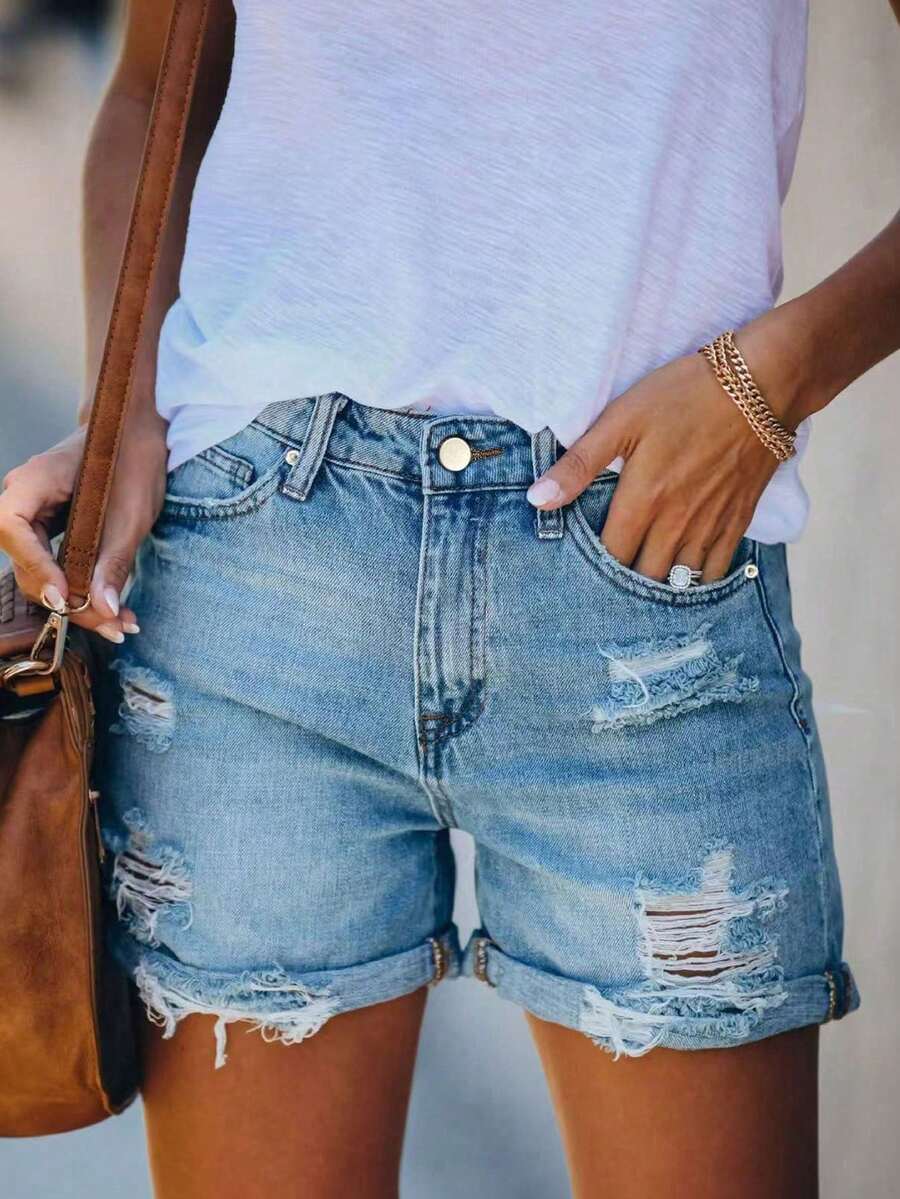 Quần short denim ống đứng size lớn cho nữ, không co giãn, mài rách, thiết kế gấu thô, phong cách thường ngày mùa hè - Rửa nhẹ - Xem 1