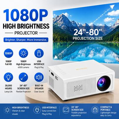 1080P Mini Smart Projector, 5G WiFi Bluetooth Projector With USB Playback, 180" Large Screen Portable Home Theater For Indoor & Outdoor Entertainment