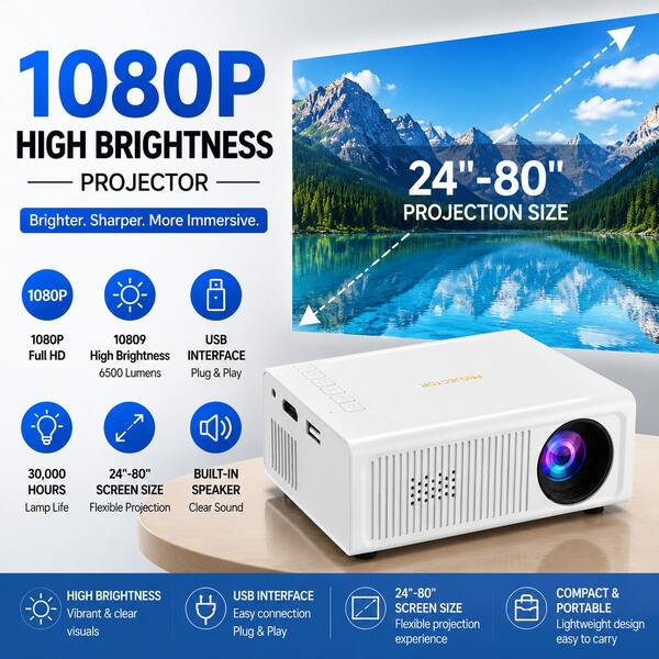 1080P迷你智能投影仪，5G WiFi蓝牙投影仪，支持USB播放，180英寸大屏幕便携式家庭影院，室内外娱乐皆宜