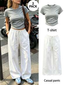 2pcs Women's Summer Outfit: Grey Fitted Cropped T-Shirt + Solid Color Drawstring Casual Pants, Suitable For Daily, Dating, Commuting, Shopping - Multicolor - View 1