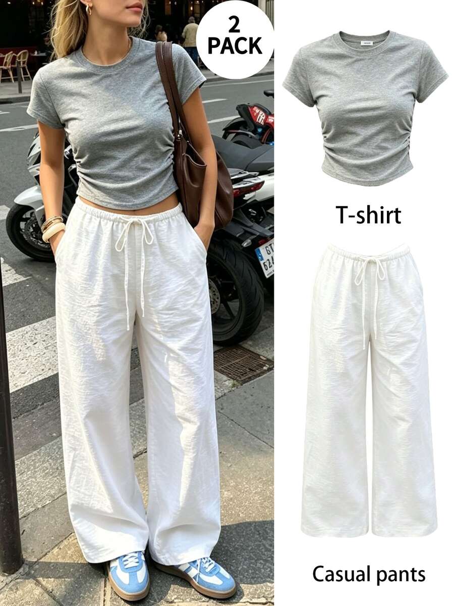 2pcs Women's Summer Outfit: Grey Fitted Cropped T-Shirt + Solid Color Drawstring Casual Pants, Suitable For Daily, Dating, Commuting, Shopping - Multicolor - View 1