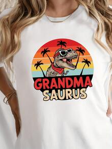 Smiling Tyrannosaurus Rex With Red Sunglasses And A Bandana Celebrating Among Palm Trees Against A Multicolored Sunset Symbolizes The Joyful Strength And Vitality Of An Adventurous Grandmother. A Modern And Fun Casual Women's T-Shirt. - 白色 - 查看 6