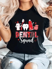 Cheerful Characters Representing Dental Products Symbolize Teamwork And A Healthy Smile, Full Of Positive Energy And Affection. Casual Women's T-Shirt With A Fun Print, Ideal For Oral Care Enthusiasts. - 黑色 - 查看 6