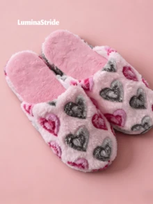 Pink Heart Print Closed Toe Mule Slippers Soft Flat Quiet Indoor Slippers - Pink - View 2