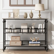 Konsolentisch 109 cm – Schmaler 3-stufiger Beistelltisch für Sofa und Eingangsbereich mit Ablagefächern – Modernes Holzmöbelstück für Wohnzimmer, Flur und Schlafzimmer - Grau - Übersicht 9