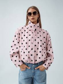 HZXVIC Women's New Style Pink Polka Dot Stand Collar Drawstring Casual Jacket, Suitable For Street Wear And Daily Wear - Pink - View 3