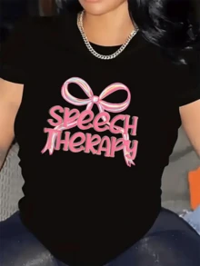 Bright Pink Ribbon Symbolizing Positive Communication And Empathy With Cheerful Lettering That Inspires Confidence And Connection In Every Word. Comfortable, Modern Casual Women's T-Shirt For Everyday Wear. - Black - View 6