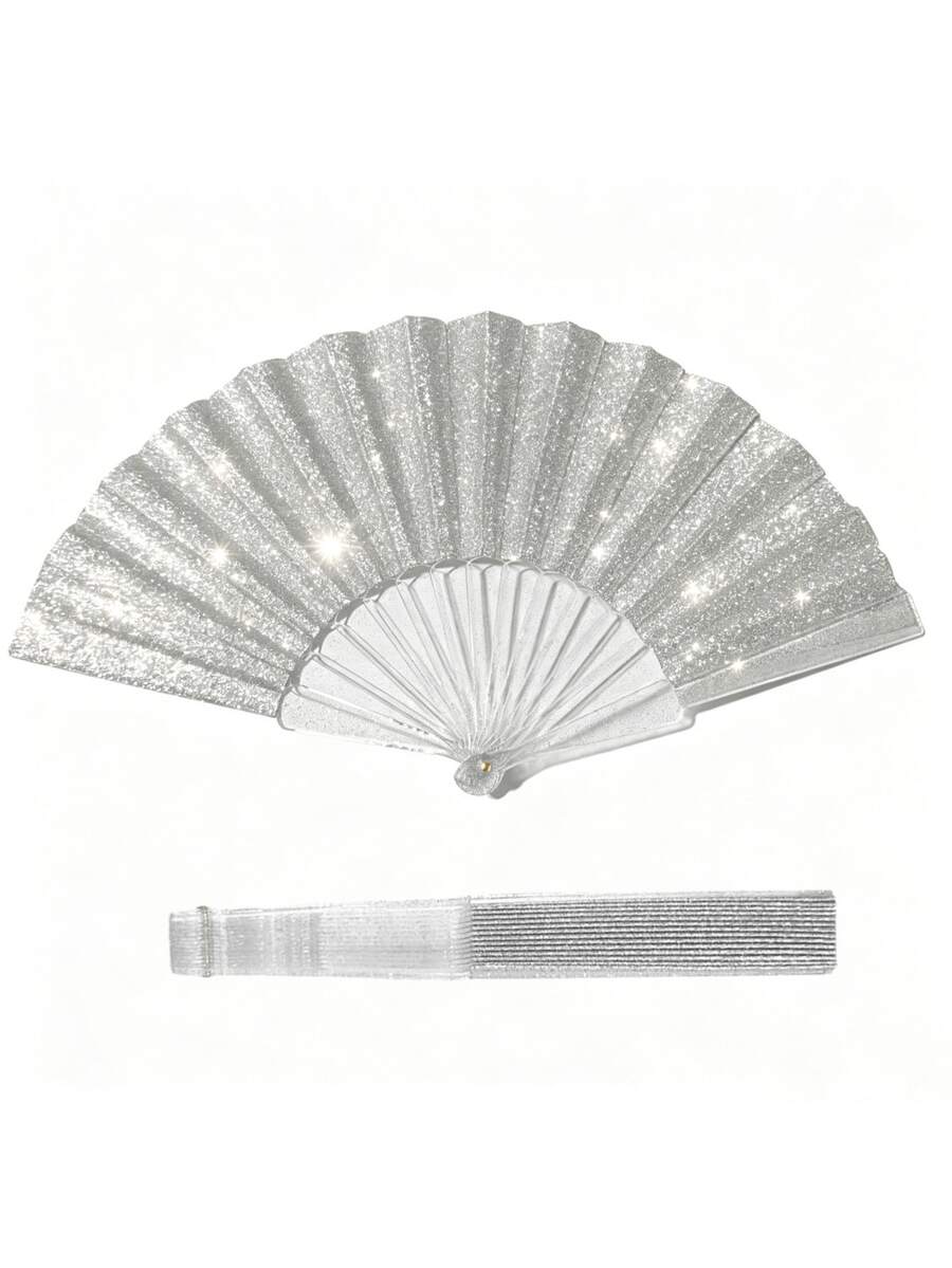 1 pieza Abanico plegable plateado brillante, accesorio portátil esencial para el verano y la playa, adecuado para carnavales, bodas y viajes