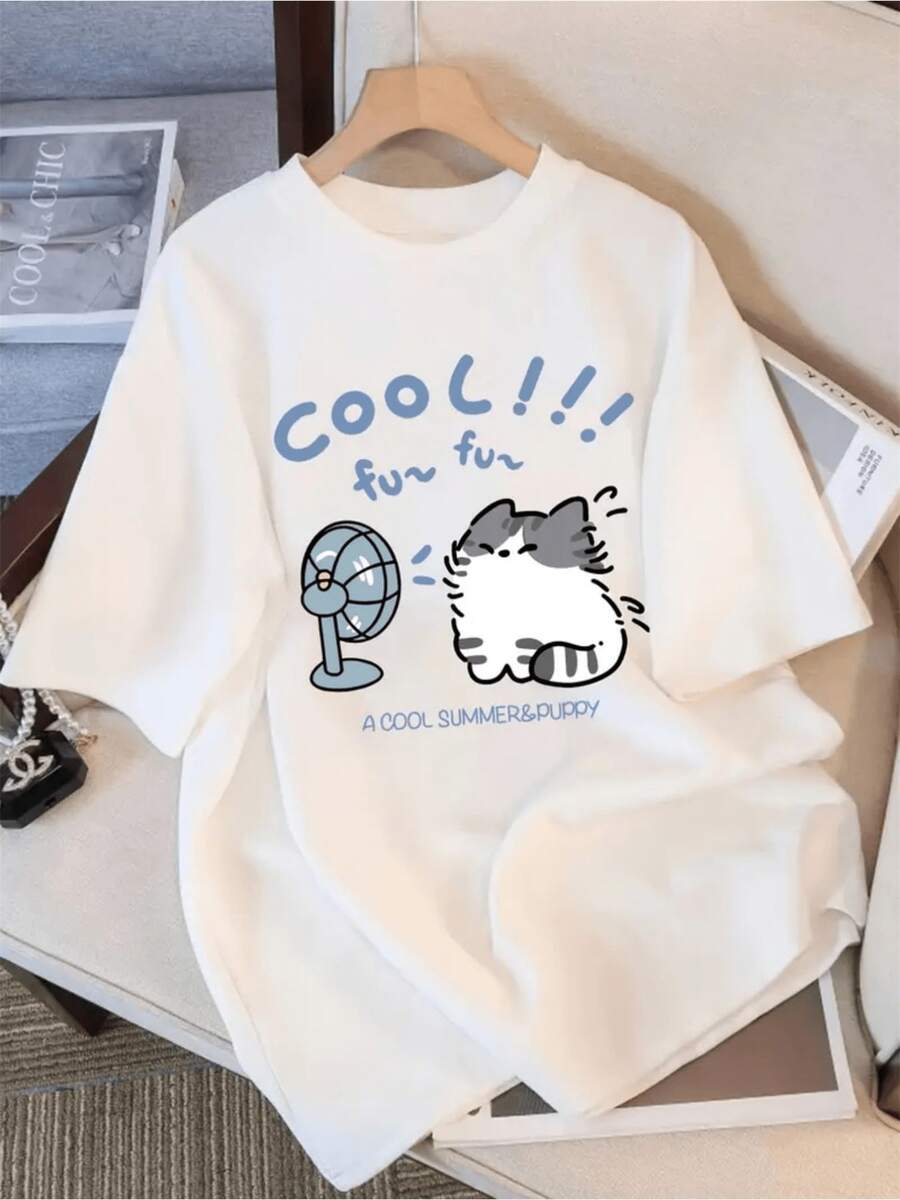 Women's Casual Short Sleeve T-Shirt, Anime Style Y2K - Cute Style, Suitable For Casual Wear In All Seasons, Round Neck, Loose H-Line Cut, Loose Style, Machine Washable, White Blouse, Suitable For Casual Outfits And Layering (Y2K Aesthetic). - 白色 - 查看 1