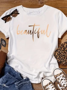 Beautiful Word Written In Gold Tone Symbolizing Confidence, Elegance And Self-Love, Inspiring To Radiate Positive Energy And An Optimistic Attitude. Women's Casual Modern Comfortable T-Shirt For Everyday Wear - 白色 - 查看 8