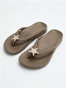 Unisex Flip Flops With Arch Support, Solid Color Beach/Home Slippers, Suitable For Spring, Summer, Autumn - Brown-star Shoe Flower - View 9